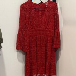 London Times Red Lace Long Sleeve Dress